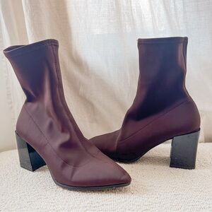 Women's Brown Stretch Sock Boots with Block Heel